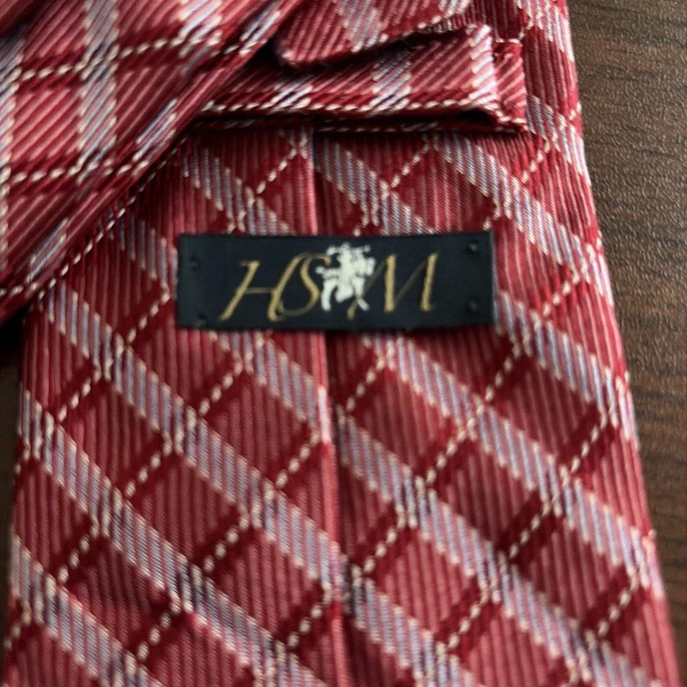 Hart Schaffner Marx Mens Silk Tie Burgundy Red Geometric Plaid  USA Made 62